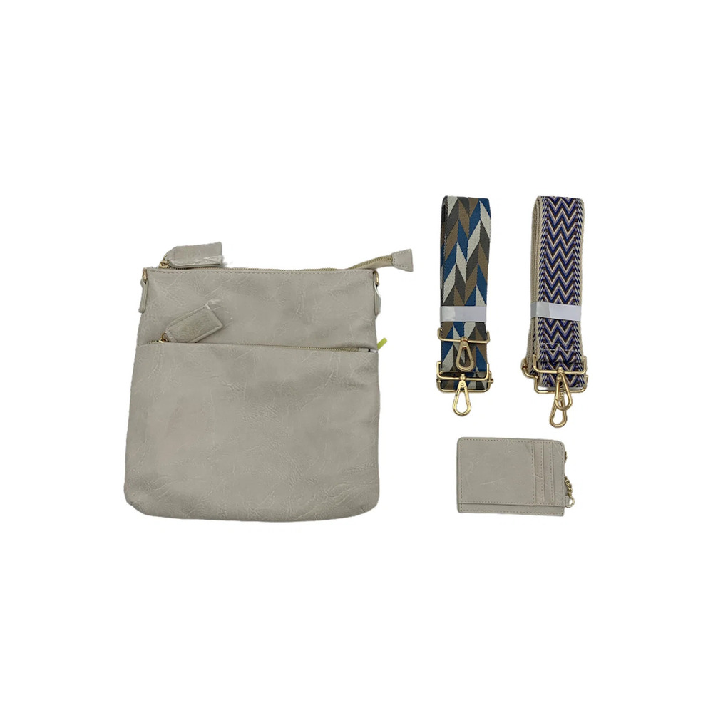 AHDORNED Multi-Zip Faux Leather Messenger with Two Straps Cream